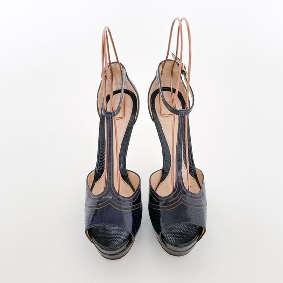 Fendi T-Strap Platform Sandal Navy Size 39 US 9 Blue Laser Cut Peep Toe Heel - Picture 2 of 13